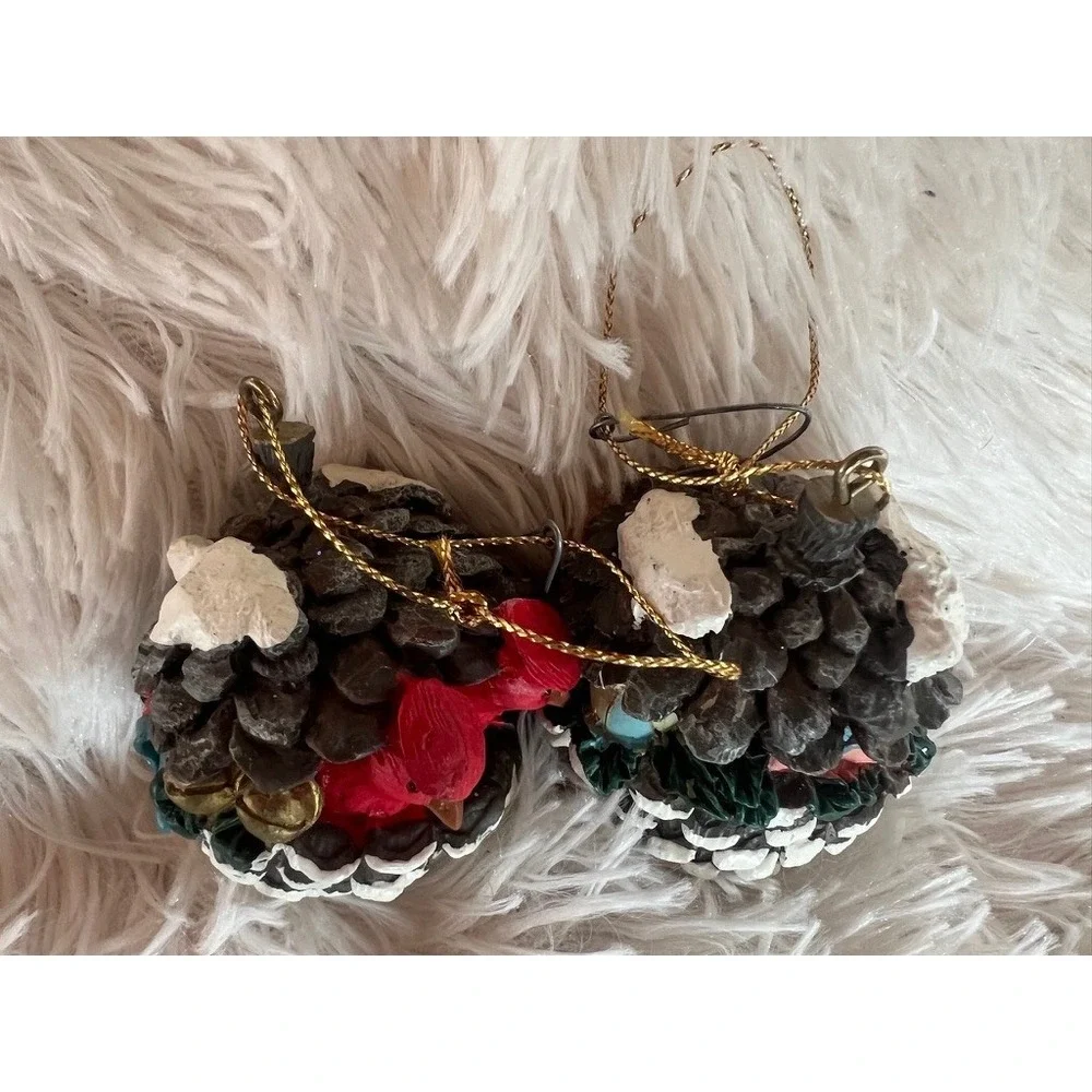 Pine Cone Christmas Ornaments Set 2 Cardinal Mice Snow Woodland Charm Forest